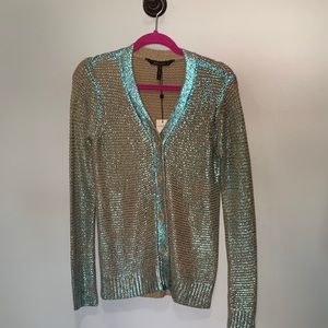 BCBGMaxAzria tan cardigan with metallic teal XS